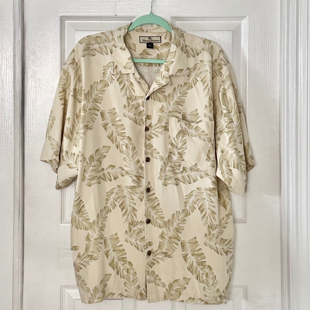 Tommy Bahama Mens Large Silk Palm Leaf Print Camp Shirt Tan Cream Tropical